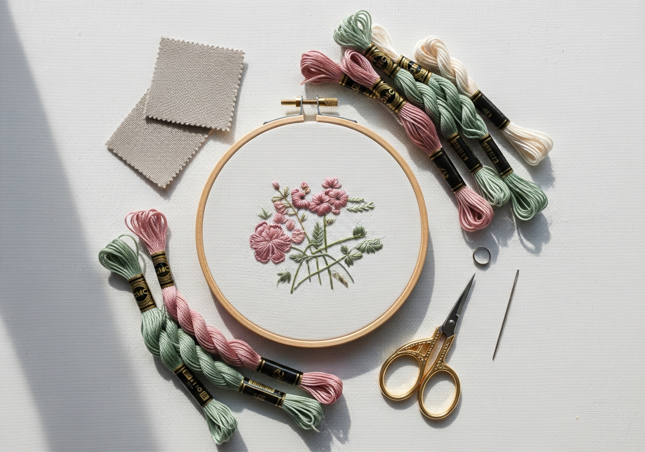 Материалы курса: пяльцы с вышивкой, нитки ДМС, ножницы на льняной ткани