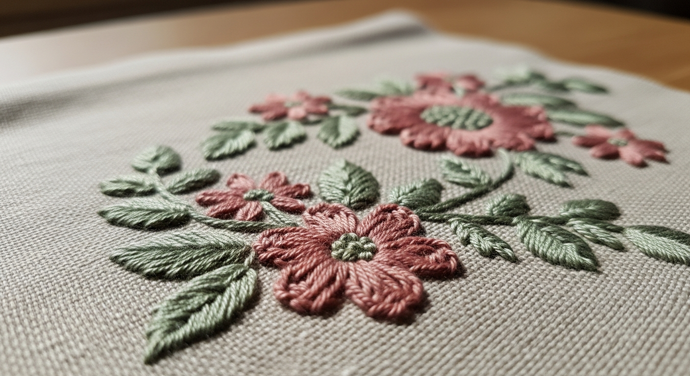Крупный план ручной вышивки гладью на льне — нежный цветочный узор