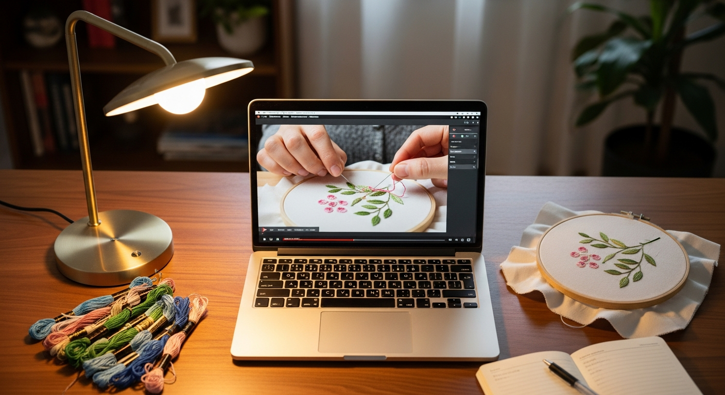 Ноутбук с открытым уроком по вышивке рядом с пяльцами и нитками