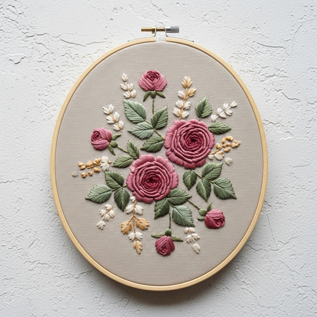 Готовая вышивка гладью — ботанический мотив с розами в деревянном пяльце