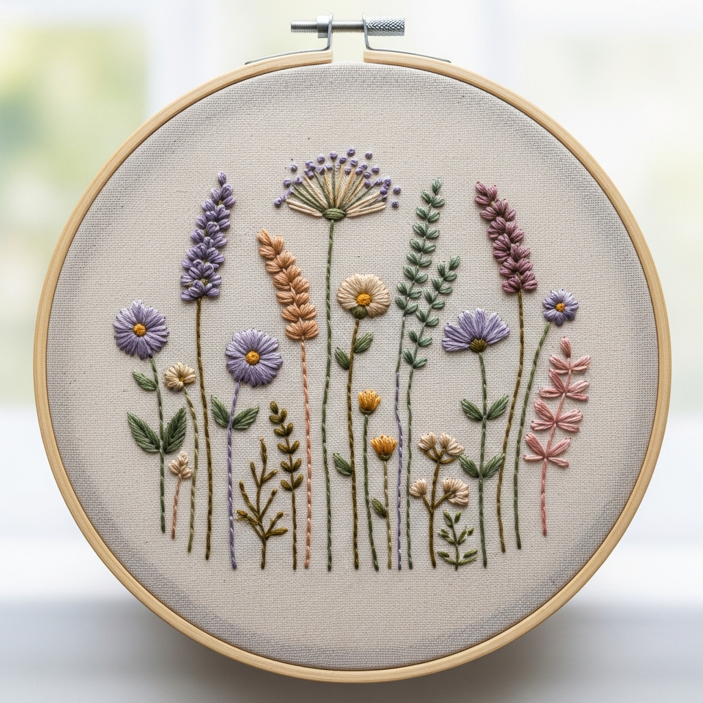 Вышивка с полевыми цветами в круглом пяльце на льняной ткани