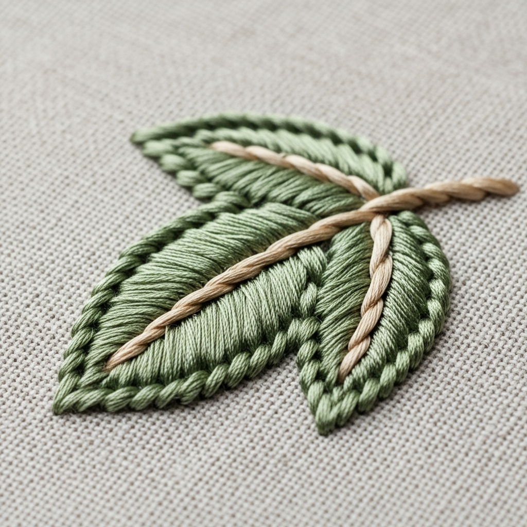 Макро-съёмка гладьевого стежка — идеально уложенные нити на льне