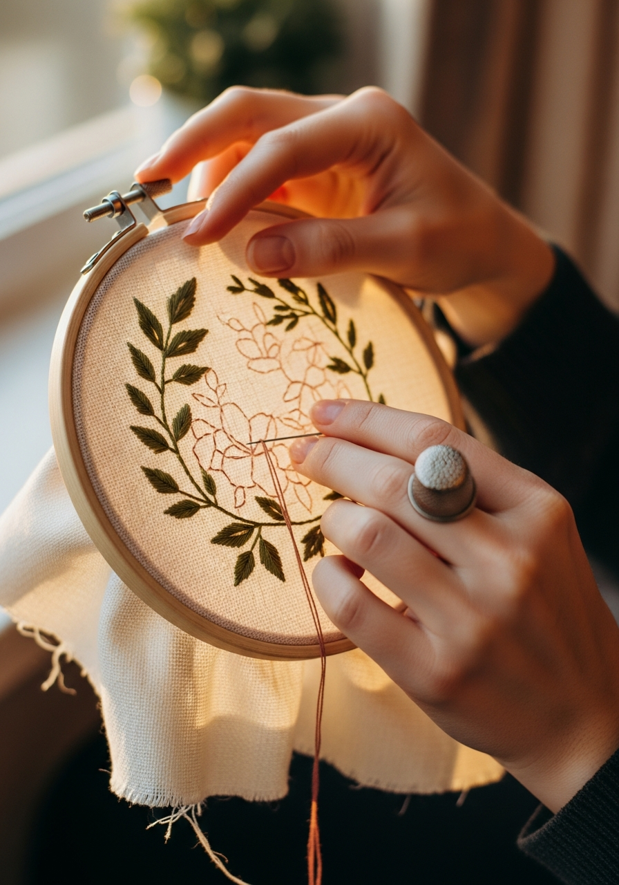 Руки мастера у окна — вышивка цветочного узора на льне